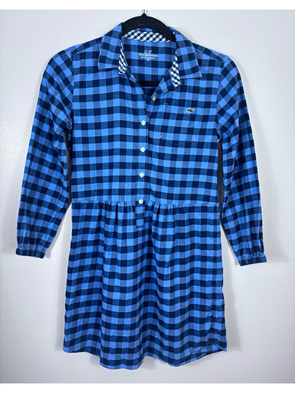 Vineyard Vines Girls Plaid 100% Cotton Shirt Dress Long Sleeve Blue 12